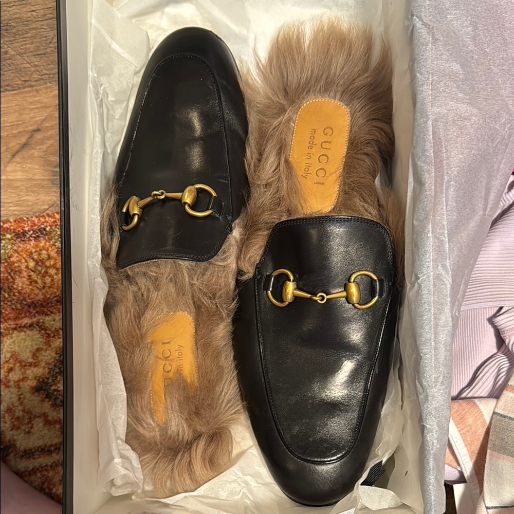 Gucci Black Leather Fur Lined Loafers